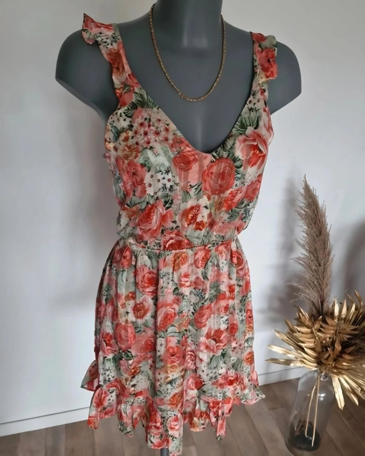 Vestido floral Peace n' Love S/M – Costas abertas – Fios dourados lurex – Nova com etiqueta – photo 2